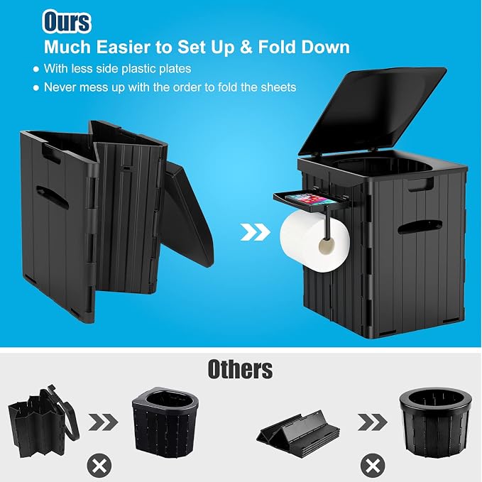 XL Portable Toilet for Adults, Extra Large 15.4"H Foldable Camping with Detachable Phone Shelf and Paper Holder, Waterproof Porta Potty Lid Camping, Hiking, Long Road Trips, Car