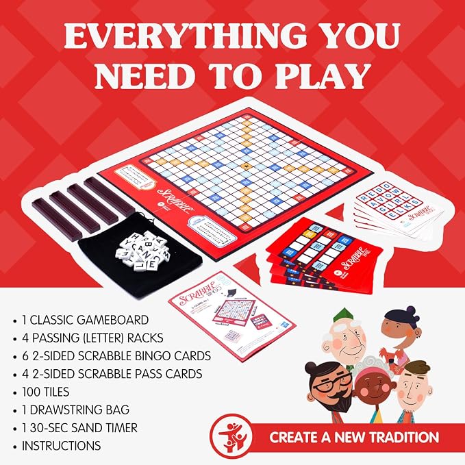 JOY FOR ALL Games - Scrabble Bingo 3-in-1 Word Games - Classic, Bingo, & Pass - New Easy to Grasp Tiles & Racks - Fun Family Board Game for Seniors, Kids, Teens, and Adults