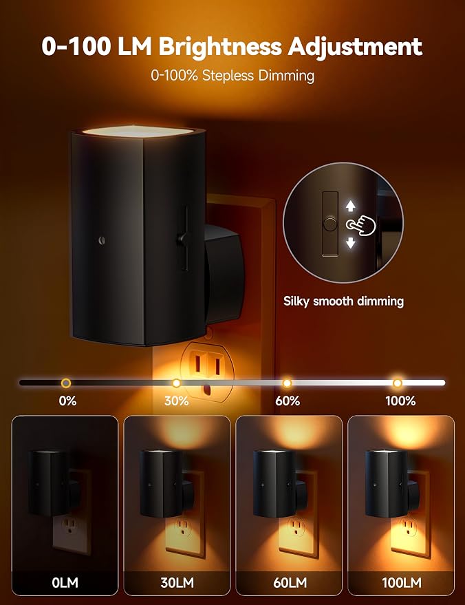 Brightown 2 Pack White Night Lights with Rotating Plug, Amber | Modern Night Light with Rotating Plug, Dusk to Dawn Sensor, 0-100LM Stepless Dimming Night Light for Hallway Bedroom Bathroom