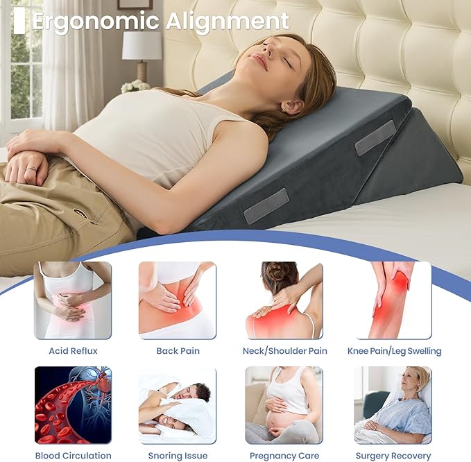Sasttie Wedge Pillow for After Surgery, Adjustable Bed Wedge Pillow Headboard for Acid Reflux, Sleeping, Neck & Back Support, with Removable Cover, Dark Grey & Velvet