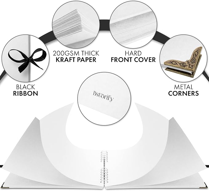 Bstorify Square Scrapbook Photo Albums 50 Pages (28 x 22 cm) White Thick Paper, Hardcover, Metal Corners, Ribbon Closure - Ideal for Your Scrapbooking Albums, Art & Craft Projects 11 X 8.5 Inch