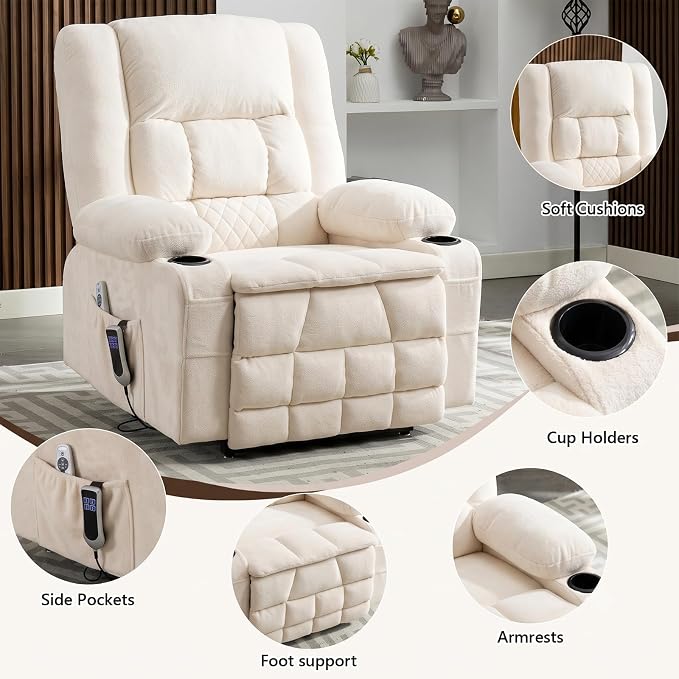 Power Lift Recliner Chair for Elderly with Lumbar Heat and Massage, Electric Lift Chair with Remote and USB Port, Wide Seat Recliner with Cup Holders for Living Room, Bedroom