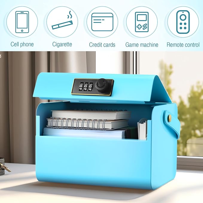Honeydak Lock Box for Medication Metal Small Medicine Safe Pill Storage Box Portable Medicine Organizer with Combination Code and Handle for Refrigerator Fridge First Aid(Blue)