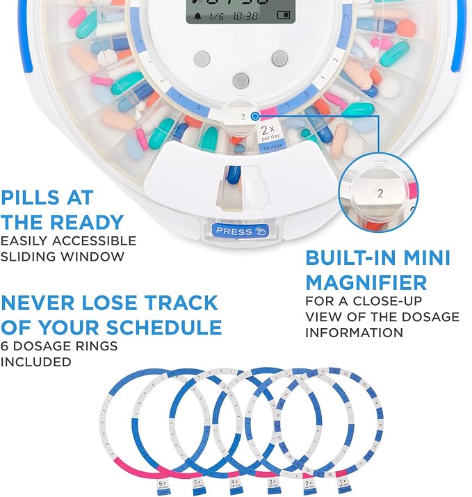 LiveFine Automatic Pill Dispenser with 28-Day Electronic Medication Organizer, 6 Dosage Rings, LCD Display with Sound & Light Alerts, Key & Magnifying Glass for Prescriptions, Vitamins & Supplements