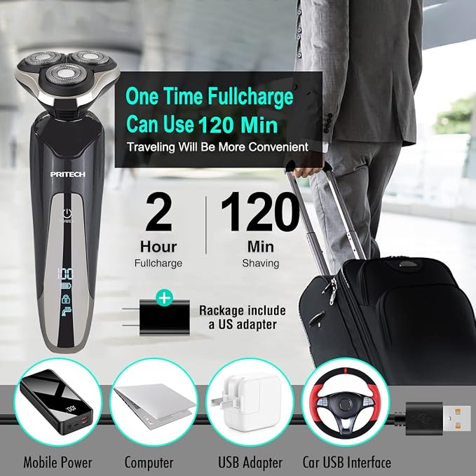 PRITECH Electric Razor for Men Rotary Electric Shavers for Men | with Nose & Sideburn trimmers, Wet & Dry Use, Travel Lock, LED Display, IPX6 Waterproof, USB Fast Charging, Gift for Men