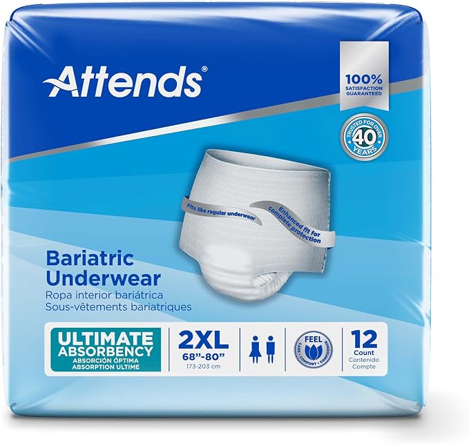 Attends Bariatric Adult Incontinence Underwear, 2X-Large (68–80”), [12 Count] – Overnight Absorbency for Men and Women, Disposable Pull-On Diapers with Tear-Away Sides, AU50