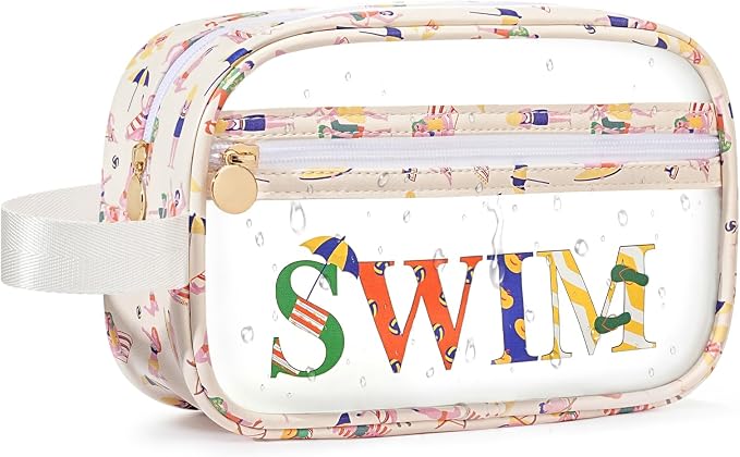 COSHAYSOO Clear SWIM Bag Swimming Pool Accessories Cute Swimmer Team Gifts for Women Teen Girls Bikini Swimsuit Goggle Cap Sunscreen Makeup Storage, Waterproof Beach Vacation Summer Travel Essentials