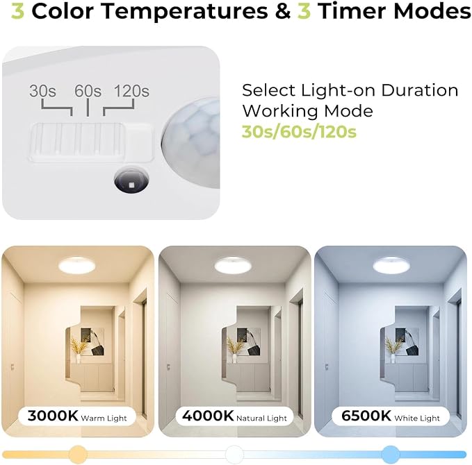 hepside 2 Pack Motion Sensor Ceiling Light Wired, 3000K/4000K/6500K LED Flush Mount Ceiling Light Fixture, 8.7Inch 18W Motion Sensor Light with Timer for Closet Stair Porch Hallway Pantry,White