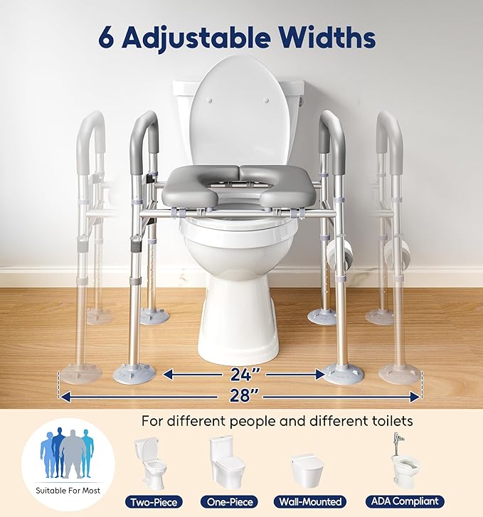 Bluelog Raised Toilet Seat Risers for Seniors with Handles, Grey | Adjustable 7 Height & 6 Width, 400lbs Heavy-Duty Support, Built-in Paper Holder & Storage, For Elderly & Handicap