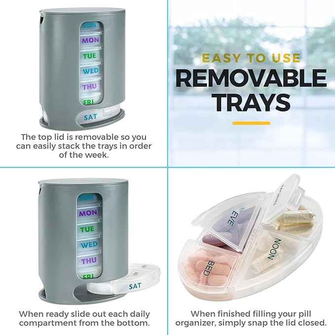 MEDca Weekly Pill Organizer, 1 Dispenser, 7 Stackable Compartments Four Times-a-Day - Morning, Noon, Evening, and Bedtime, Grey