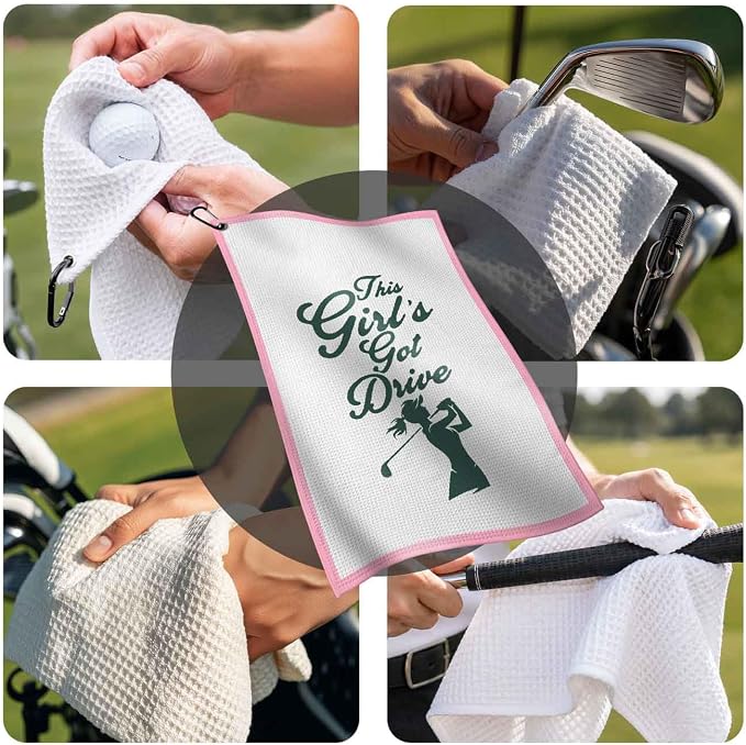Girl's Golf Towel with Clip, Funny Golf Bag Accessories for Women,"This Girl's Got Drive"Golf Gifts for Mom Grandma Lady,16x24 Waffle Weave Microfiber Pink, Birthday Christmas Retirement Golfer Gifts