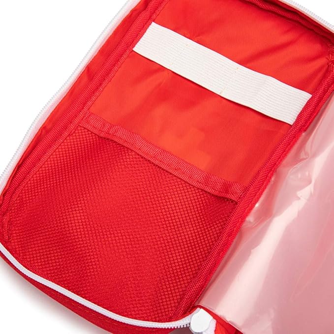 Jipemtra Red First Aid Bag Empty Travel Rescue Pouch First Responder Storage Medicine Emergency Bag for Car Home Office Kitchen Sport Outdoors (Red with Handle Green Print)