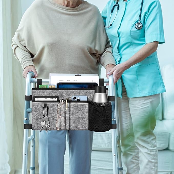 FINPAC Large Walker Tote Bag with Cup Holder, Folding Walker Attachment Hands-Free Storage Basket Mobility Aid Accessory Pouch for Elderly, Senior, Gray