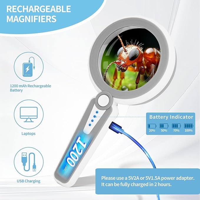 45X Magnifying Glass with Light, 1200mAh USB Rechargeable, 6 Light Modes, 4.6" Large Handheld Magnifier for Low Vision Seniors with Macular Degeneration, Reading, Jewelry, Coins - Grey