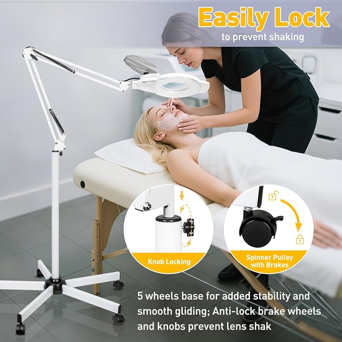 2200 Lumens Mag Lamp for Estheticians, 2-in-1 Magnifier Floor Light | 144 LED Stepless Dimmable, 10X Real Glass, 4 Wheel Rolling Stand Mag Lamp for Estheticians Facial Tattoo Craft Reading