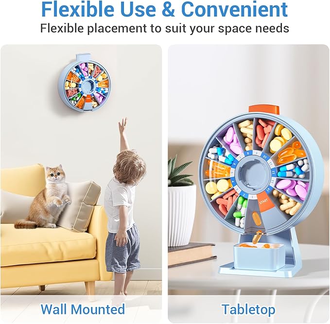 Zoksi Large Pill Organizer, Daily Pill Box for 7 or 14 Days, Wall-Mountable Pill Dispenser Hold for Medicine, Vitamin or Supplements, Weekly Pill Case with Easy Press Button (Blue)