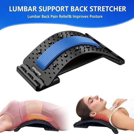 Back Stretcher - 4-Level Adjustable Lumbar Support Board & Back Cracker for Lower Back Pain Relief, Home Office Use (Blue)