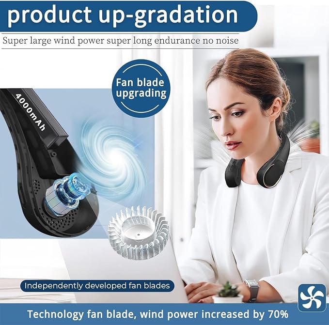 ASNUG Neck Fan, Bladeless Neck Fan, 4000 mAh Rechargeable Personal Fan, 360° Hands Free Wearable Fan, 3 Speeds Adjustable,Faster Cooling, Ultra Quiet, Suitable for Home, Office, Travel, Sports