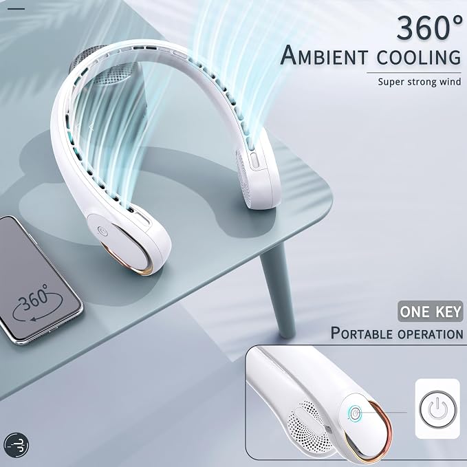 ASNUG Portable Neck Fan, Bladeless Neck Fan, USB Rechargeable Personal Fan, 4000 mAh Battery Operated Fan, 3 Speeds Adjustable,Faster Cooling, Ultra Quiet, Suitable for Home, Office, Sports