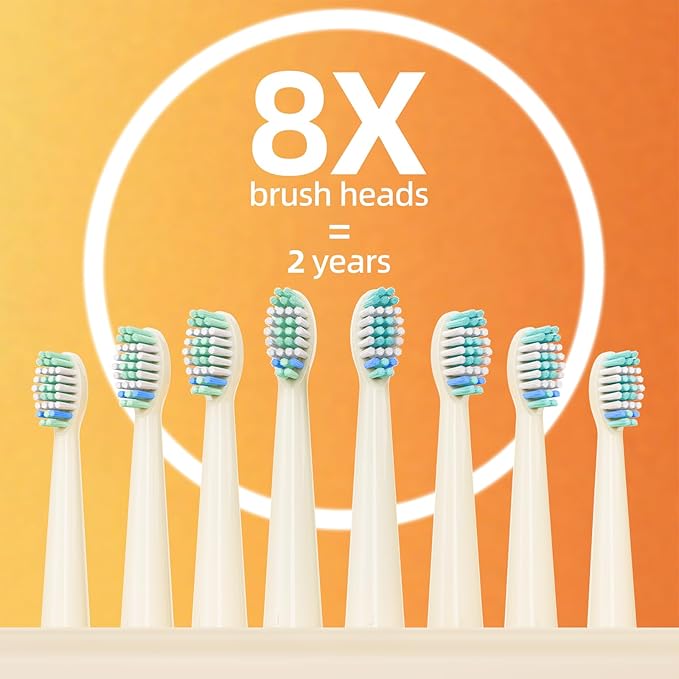 YUNCHI Electric Toothbrush Birthday/Valentine Plastic 8 Dupont Heads 24-Mo Deep Cleans Gentle Gums Removes Stains 3Hr USB-C 90d 2-Min Timer/30s IPX7 - Yellow Red