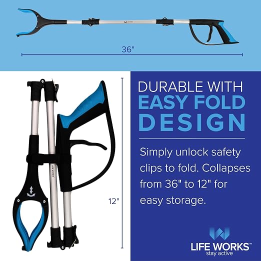 LIFE WORKS Reacher Grabber Tool, 360° Rotating Head, 4.5” Jaw Opening, Ergonomic Handle, Folds for Storage, Aids in Reaching Items High or Low, Surgery Recovery, Hip Replacement (2 Pack)