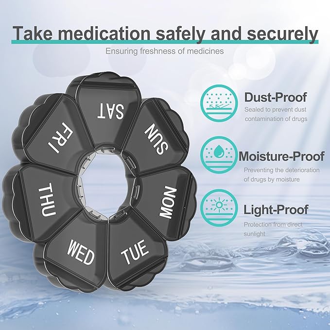 Enlarged Weekly Pill Organizer 7 Day, Daily Pill Box with Never Faded Etched 3D Date Labels, Travel Pill Case with Large Compartment for Medication, Vitamin, Fish Oil, Supplements(Black)