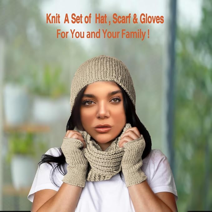 Kaaper Beginner Knitting Kit for Adults, Learn to Knit Crochet Starter Kit in Khaki with Scarves, Hats & Gloves Knitting Includes Wool Yarn, Knitting Needles, & Stitch Markers (Khaki)