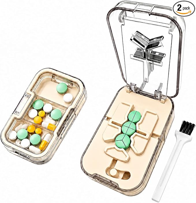 Precision Pill Splitter - Even & Accurate Tablet Cutting, Sharp Stainless Steel Blade, Easy Open Design, Safe & Portable for Small & Large Pills, Ideal for Daily Medication (Cream-Colored)