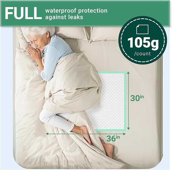 Eco-Friendly Extra Large Ultra Absorbent Bed Pads Disposable Adult 105g (30" X 36" Pack of 25), with Adhesive Strips , Leakproof Incontinence Pee Pads for Adults