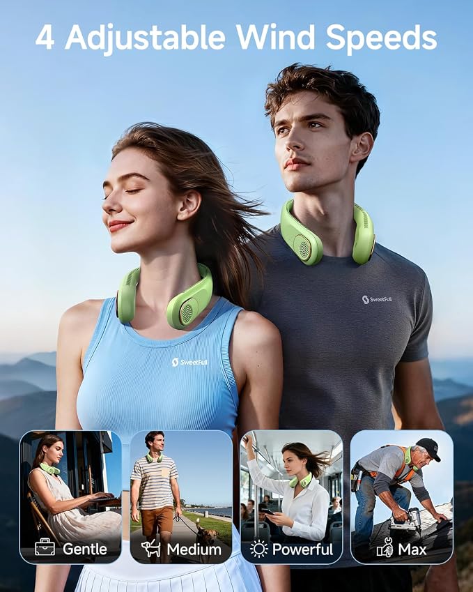 SWEETFULL Portable Neck Fan: 5200mAh Bladeless Personal Fan | 4 Speeds, 20H Max Runtime, No Hair Twist Quiet Wearable Fan for Travel | Birthday Gifts for Men Women Mom Dad