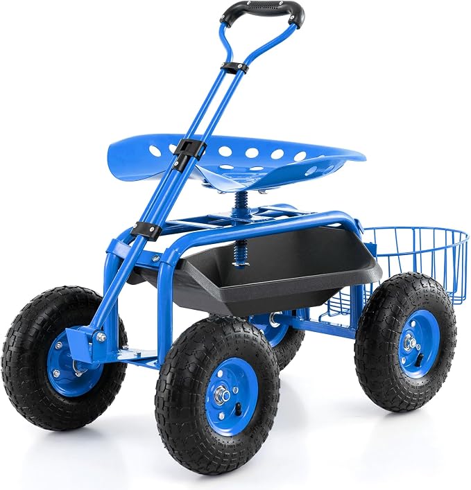 Garden Seat with Wheels, Rolling Stool with Extendable Handle, Storage Basket & Tool Tray, Garden Scooter with 360 Degree Swivel Seat for Outdoor & Yard (Blue)