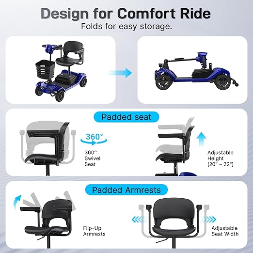 Hoverfly T4 Mobility Scooter for Seniors, Max 12.4-Mile Range & 3.7 mph, 3-Position Seat & Anti-slip Rear Wheel, Removed Battery&Quick Fold Design, Solid 9" Tire&330 lb Capacity, Ease of Assembly Blue