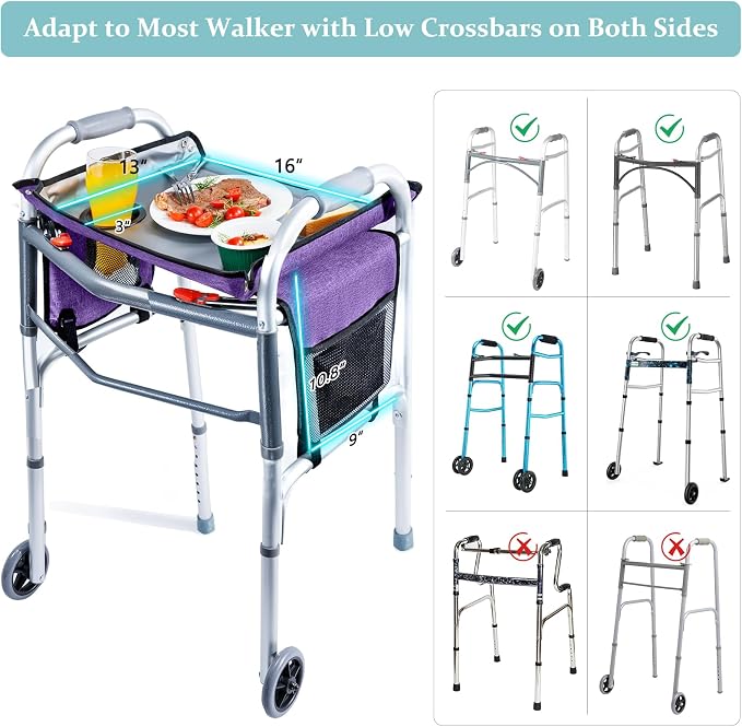 BAGSFY Walker Tray with Cup Holder & Side Pocket – Hard Top Walker Table for Seniors – Folding Walker Accessory for Meals, Reading, Drinks – Non-Slip Surface, Tool-Free Install, Universal Fit