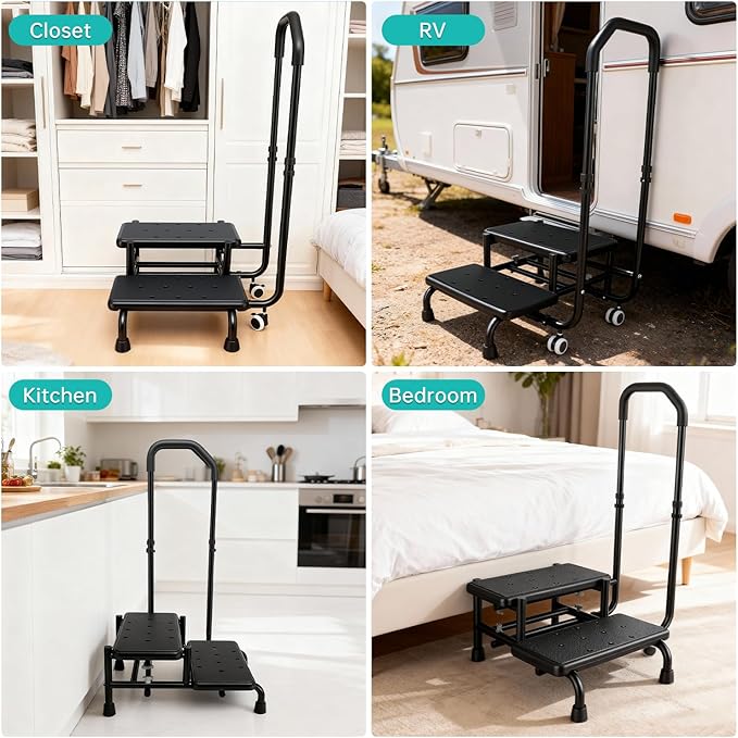 2 Step Stool with Handrail & 2 Casters for Elderly, Bed Steps for High Beds for Adults, Non Slip Platform and Adjustable Handrail, for Kitchen Bathroom RV Bathtub, Assist Rail for Elderly, Black