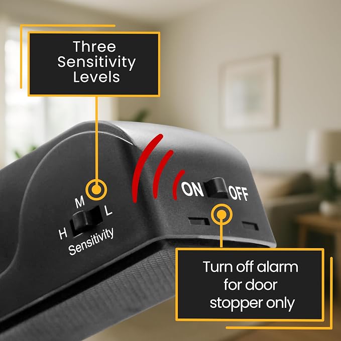Door Stop Alarm with 120 dB Siren – Portable Travel Door Stopper Alarm Wedge for Hotel, Apartment & Dorm Security – Battery-Operated, Black, 4-Pack