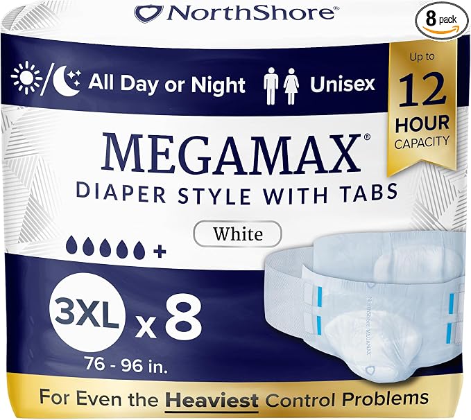 NorthShore MegaMax 12-Hour HBL Adult Diapers for Heavy Bladder Leaks, 3X-Large, 8 Count, White, 76-96 inches, Tab-Style Incontinence Underwear for Men, Women & Teens