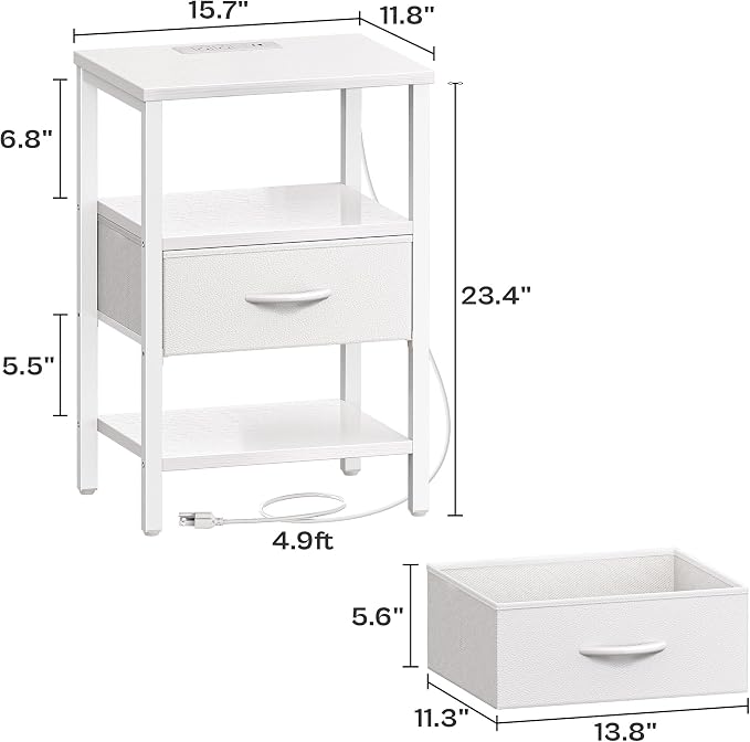 SUPERJARE Nightstand Set of 2 with Charging Station, USB-C Port, End Tables | Night Stand for Bedroom, with Adjustable Fabric Drawer, 3-Tier Storage Bedside Tables for Living Room, White