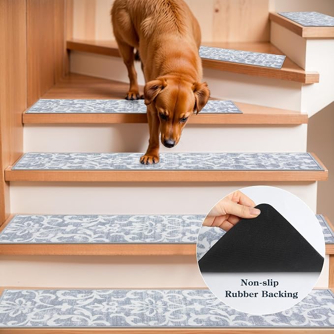 Lahome Carpet Stair Treads Non Slip Backing, 15 Pack 8" X 30" Stair Treads for Wooden Steps Indoor, Soft Washable Stairway Stair Runners Oriental Staircase Rugs for Kids Pets Elders(15pc, Grey)