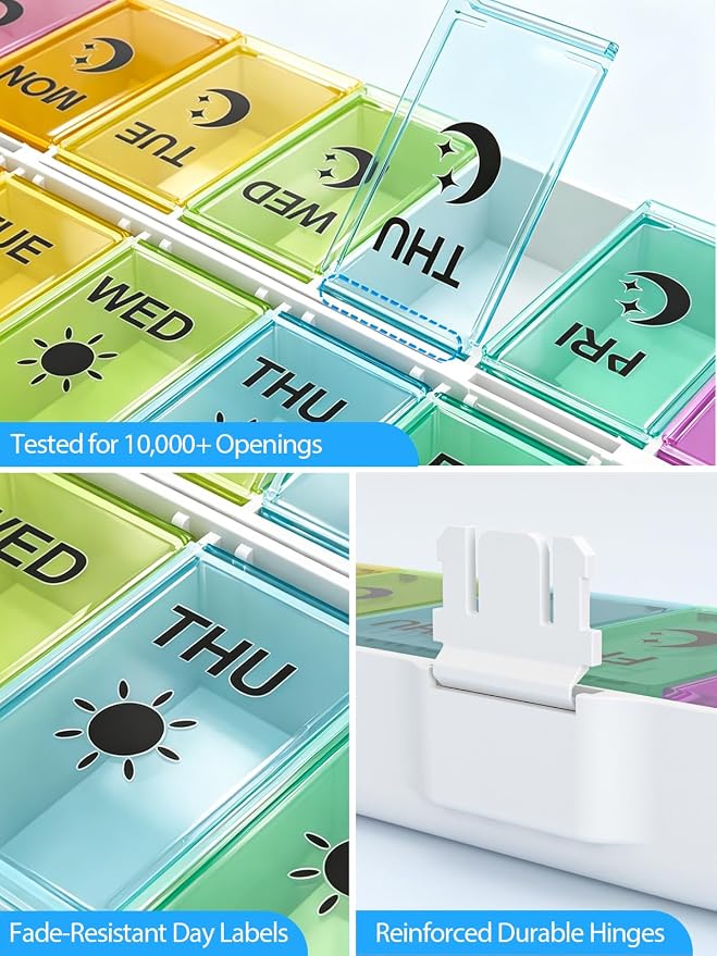 Gelibo Pill Organizer 2 Times a Day,Magnetic Foldable Weekly AM PM Pill Case, Large Travel Pill Box for Vitamins,Supplements,Medication Organizer 7 Day,Never Spill Pills,Easy to Open for Arthritis
