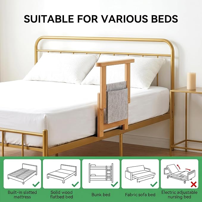 Bamboo Bed Assist Rail for Seniors Adjustable Grab Bar 300lbs Nature | Non-Slip Handle, Storage Pocket, Fits 4–12 inch Mattresses, Fits Twin, Full, Queen & King Beds