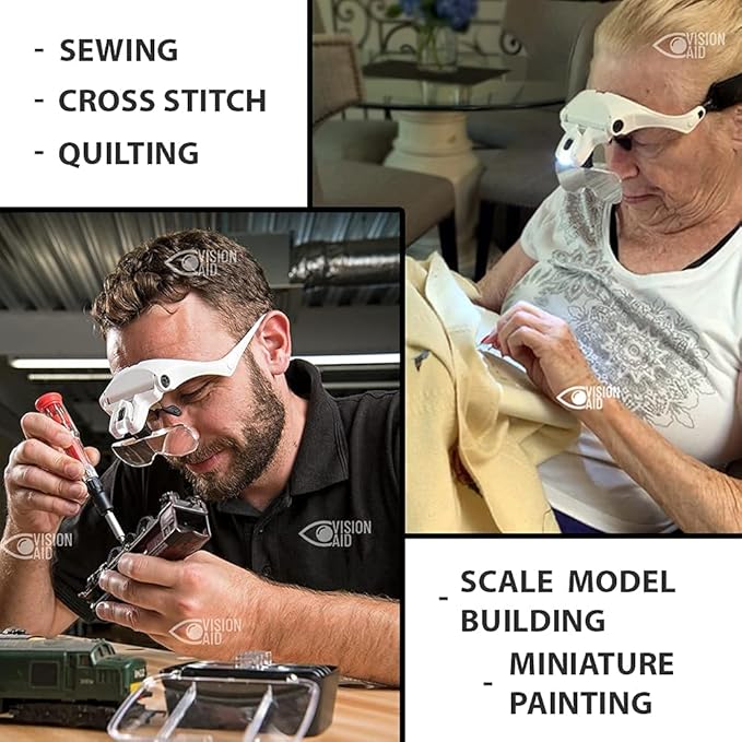 Vision Aid Magnifying Glasses with LED Light, 5 Lenses, Headband, Storage Case | Hands Free Lighted Head Mount Magnifier for Hobby Crafts Macular Degeneration Cross Stitch Diamond Painting Close Work