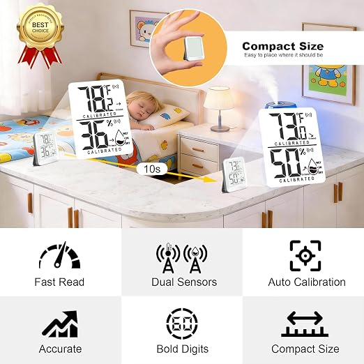 AyayaBoss 3 Pack Room Thermometer Indoor Hygrometer | Mini Size, Monitor Temperature & Humidity, Accurate Fast Read, Easy To View, Kickstand/Hanging/Wall Adhesive, ℉/℃, w/ Battery