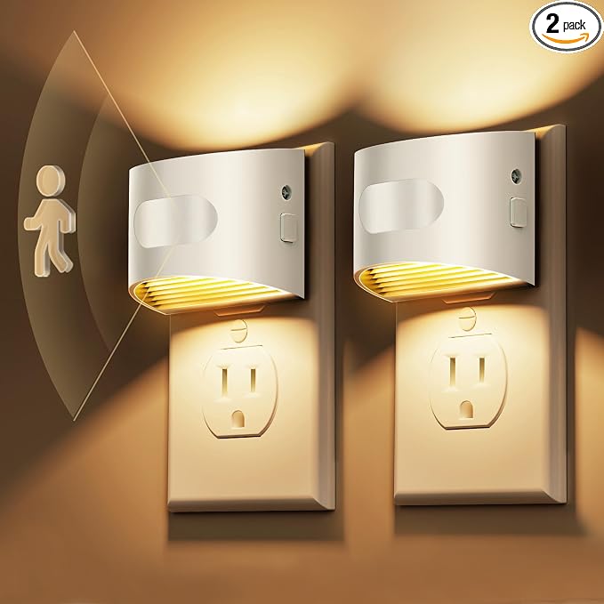 L LOHAS LED Motion Sensor Night Light, Night Lights Plug into Wall, 2 Pack | Nightlight with Dusk to Dawn & Motion Detection Sensor, 30-100Lm Adjustable Brightness, 3000K Warm White, White Housing