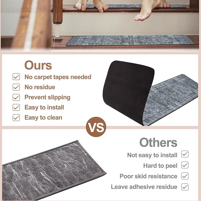 OJIA Stair Treads Non-Slip Stair Runner for Wooden Steps 15PC 30"x8" | Vintage Carpet Stair Treads for Wood Steps Indoor Stair Mat Staircase Step Treads for Kids, Elders, Dogs, Stair Covers, Gray