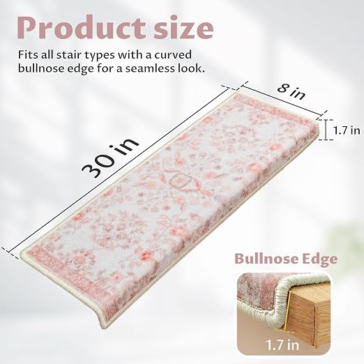 RORA Bullnose Stair Treads for Wooden Steps, Non Slip Stair Carpet 7pcs | Washable, Self-Adhesive, Floral Stair Rug Runner with Edge Protection for Indoor, Pets & Elder, 29.5 x 9.5x 1.7, Pink