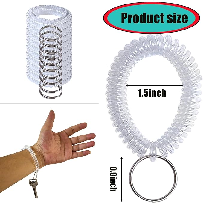 10 Pieces Wrist Coil Keychain Spiral Key Ring, Clear White | Wristband Bracelet Key Holder for Pool Gym ID Badge