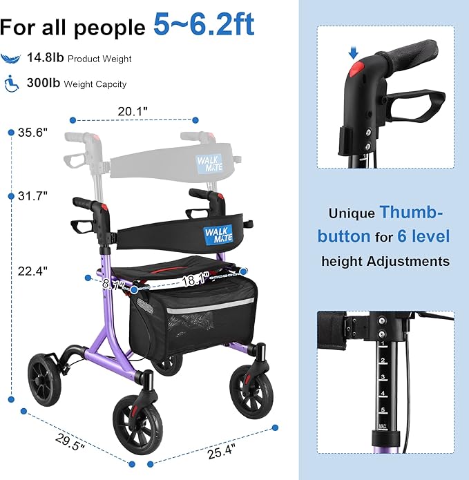 WALK MATE Rollator Walker for Seniors with Cup Holder, Upgraded Thumb Press Button for Height Adjustment, 4 x 8 Wheels Walker with Seat Padded Backrest Folding Lightweight Walking Aid, Purple