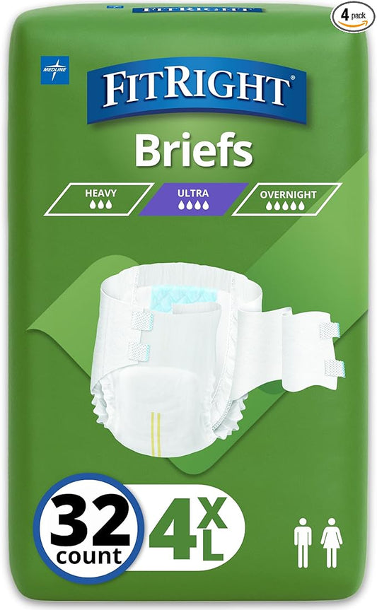 Medline FitRight Incontinence Diapers, Specialty Size Adult Diapers, For Men And Women, Maximum Protection, Waist Size 65"–94", 4XL, 8 briefs per bag, 32 briefs per case