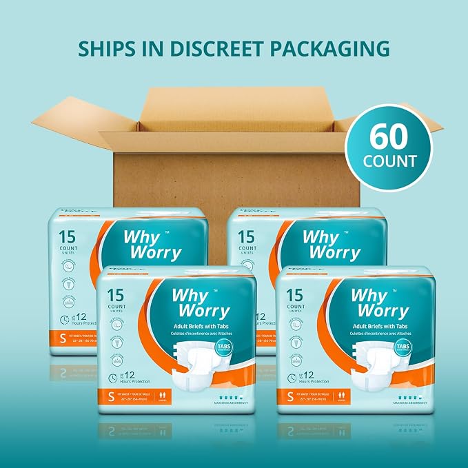 WhyWorry Adult Diapers with Tabs, Maximum Absorbency, Small, 60 Count | Disposable Incontinence Briefs, for Women & Men, Leak-Proof Diaper, Overnight Protection, Odor Control, Unisex, 4 Packs of 15
