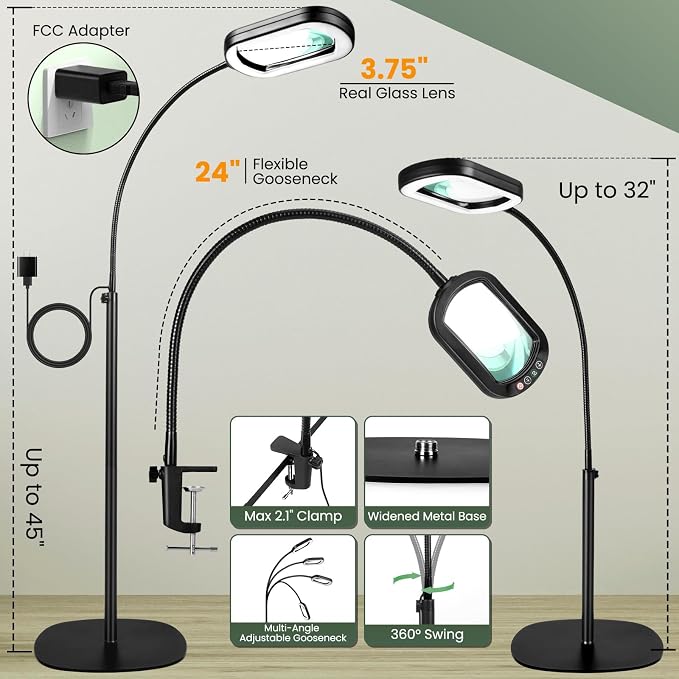 12X Magnifying Glass with Light and Stand, Rectangular Real Glass Lens, 5 Color Modes, Stepless Dimmable, 24" Flexible Gooseneck 3-in-1 Floor Lamp, Lighted Magnifier Hands Free for Craft Hobby Reading